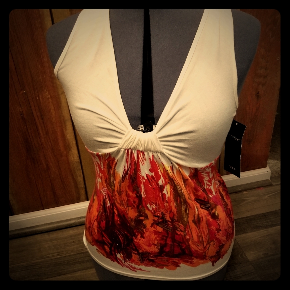 Karen Kane Painted Garden Gathered V-Neck Tank Top